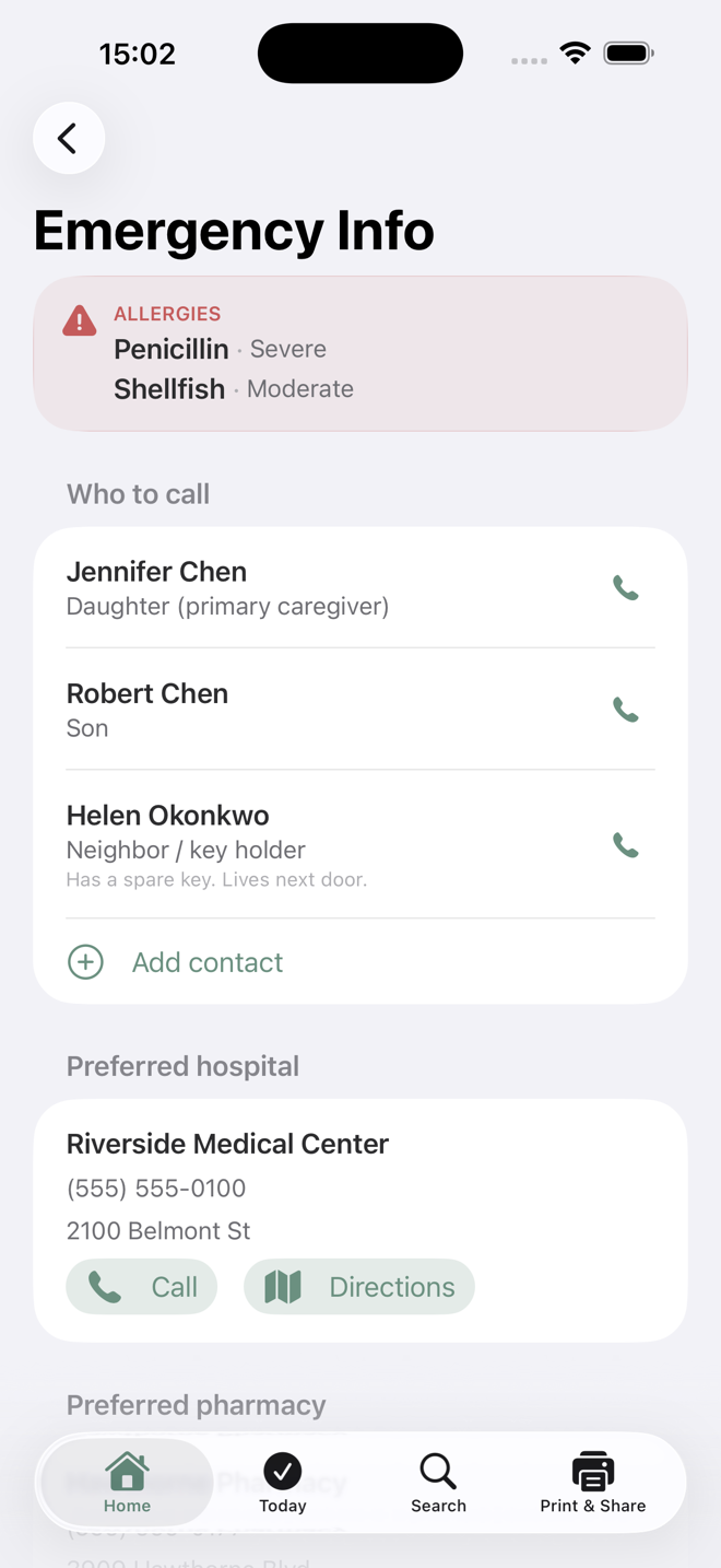 The Emergency Info screen: the allergies banner, who to call with one-tap phone buttons, and the preferred hospital with Call and Directions.